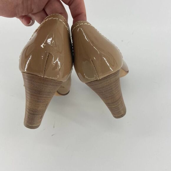 AGL Tan Patent Leather Stacked Wood Heel Pumps womens 38 - Picture 7 of 8